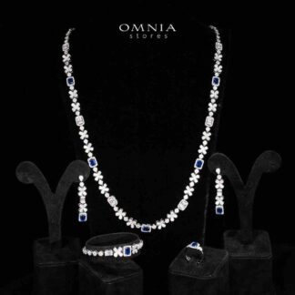 Omnia Reyna Blue Luxury Bridal Long Chain Full Set in High Quality Zircon Stone Rhodium Plated