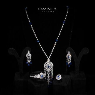 Omnia Lisa Blue Luxury Bridal Long Chain Full Set in High Quality Zircon Stone Rhodium Plated