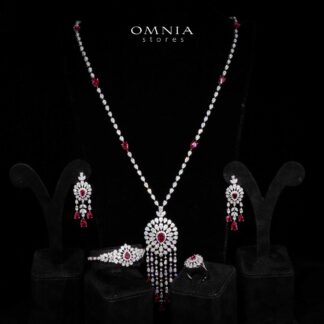 Omnia Lisa Red Luxury Bridal Long Chain Full Set in High Quality Zircon Stone Rhodium Plated
