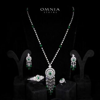 Omnia Lisa Green Luxury Bridal Long Chain Full Set in High Quality Zircon Stone Rhodium Plated