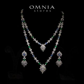 Omnia Keily Green and Blue Luxury Bridal Long Chain Full Set in High Quality Zircon Stone Rhodium Plated