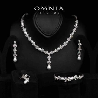 Omnia Shamsa White Pearl Luxury Bridal Full Set in High Quality Rhodium Plated Zircon Stones