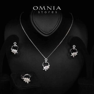 Omnia Ciara White Floral Necklace, Earrings and Ring Set in High Quality Rhodium Plated Zircon Stones
