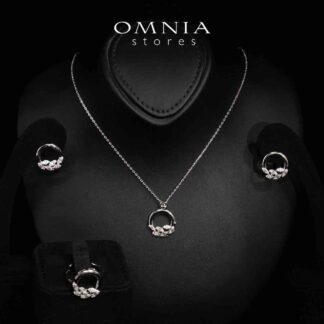 Omnia Rubi Floral White Necklace, Earrings and Ring Set in High Quality Rhodium Plated Zircon Stones