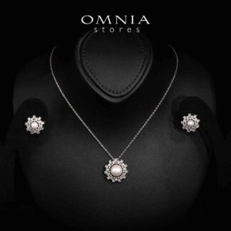 Omnia Darla White Pearl Necklace and Earrings Set in High Quality Rhodium Plated Zircon Stones