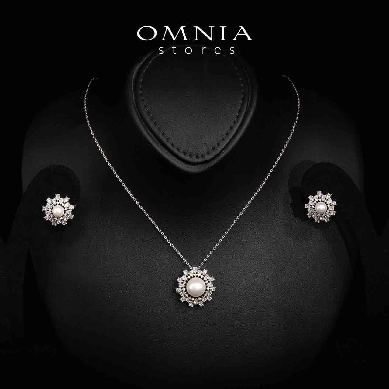 Omnia Darla White Pearl Necklace and Earrings Set in High Quality Rhodium Plated Zircon Stones