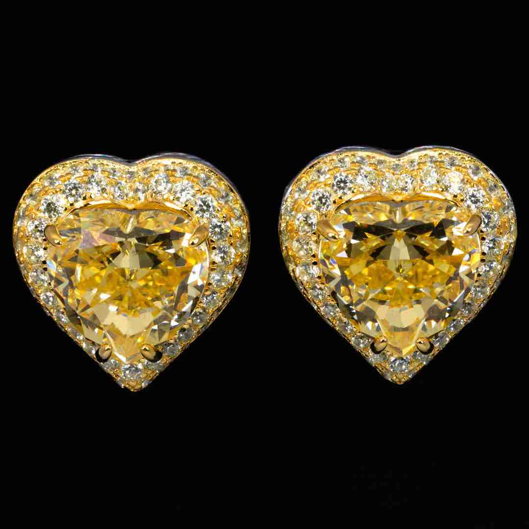 Omnia Ziyah Yellow Heart Clip Earrings With High Quality Simulated Diamonds In 925 Silver