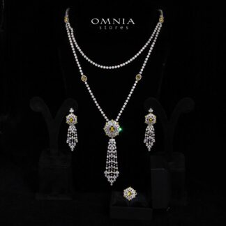 Omnia Ola Dark Yellow Bridal Long chain Set Accessories in High Quality Zircon Stone Rhodium Plated