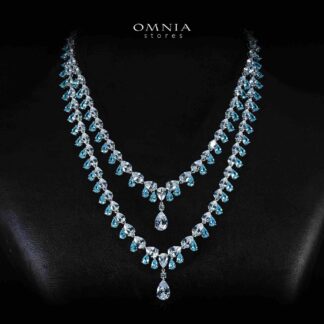 Omnia Saira White and Blue Double Layer Necklace With High Quality Simulated Diamonds In 925 Silver