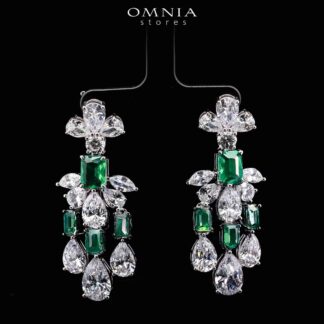 Omnia Ranim White and Green Floral Drop Earrings With High Quality Simulated Diamonds In 925 Silver