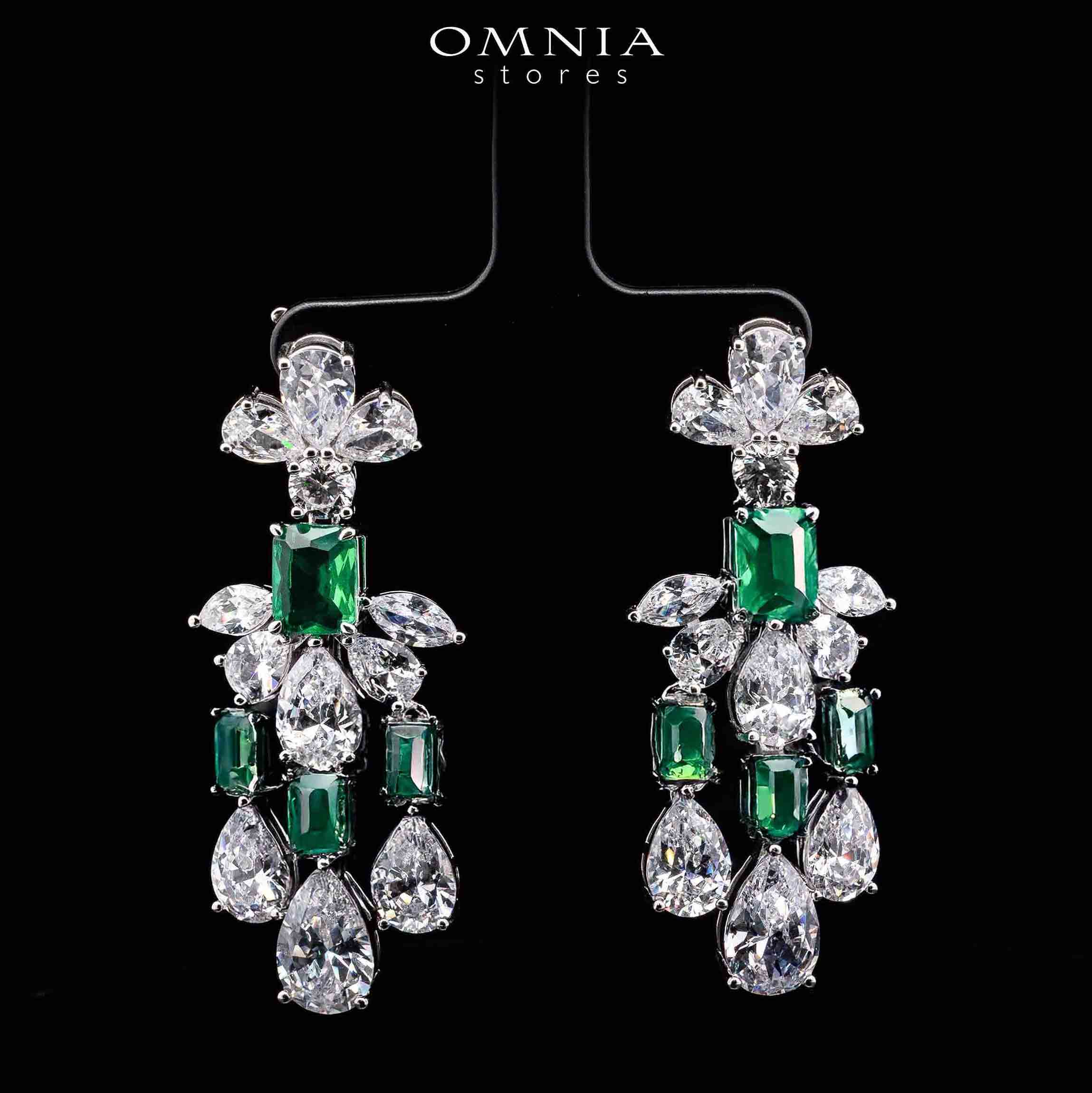 Omnia Ranim White and Green Floral Drop Earrings With High Quality Simulated Diamonds In 925 Silver
