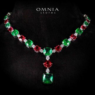 Omnia Salwa Red and Green Drop Earrings With High Quality Simulated Diamonds In 925 Silver