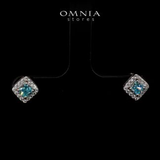 Omnia Firza Sky Blue Square Earrings With High Quality Simulated Diamonds In 925 Silver