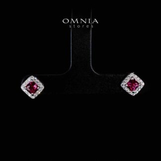 Omnia Firza Red Square Earrings With High Quality Simulated Diamonds In 925 Silver