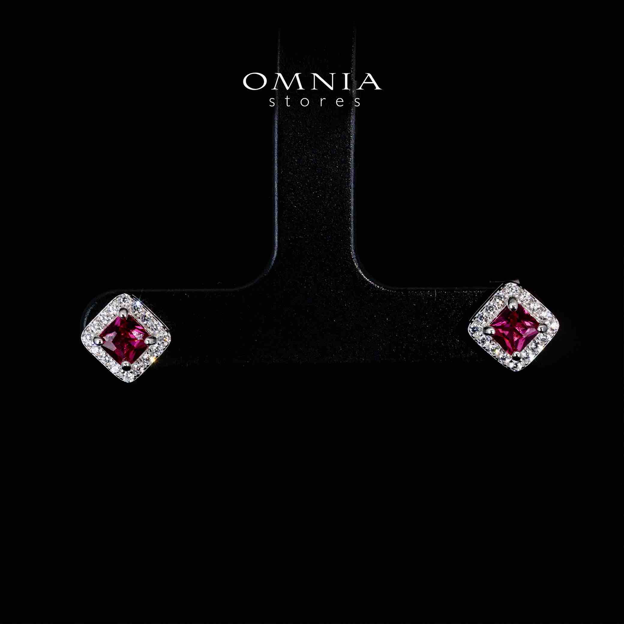 Omnia Firza Red Square Earrings With High Quality Simulated Diamonds In 925 Silver