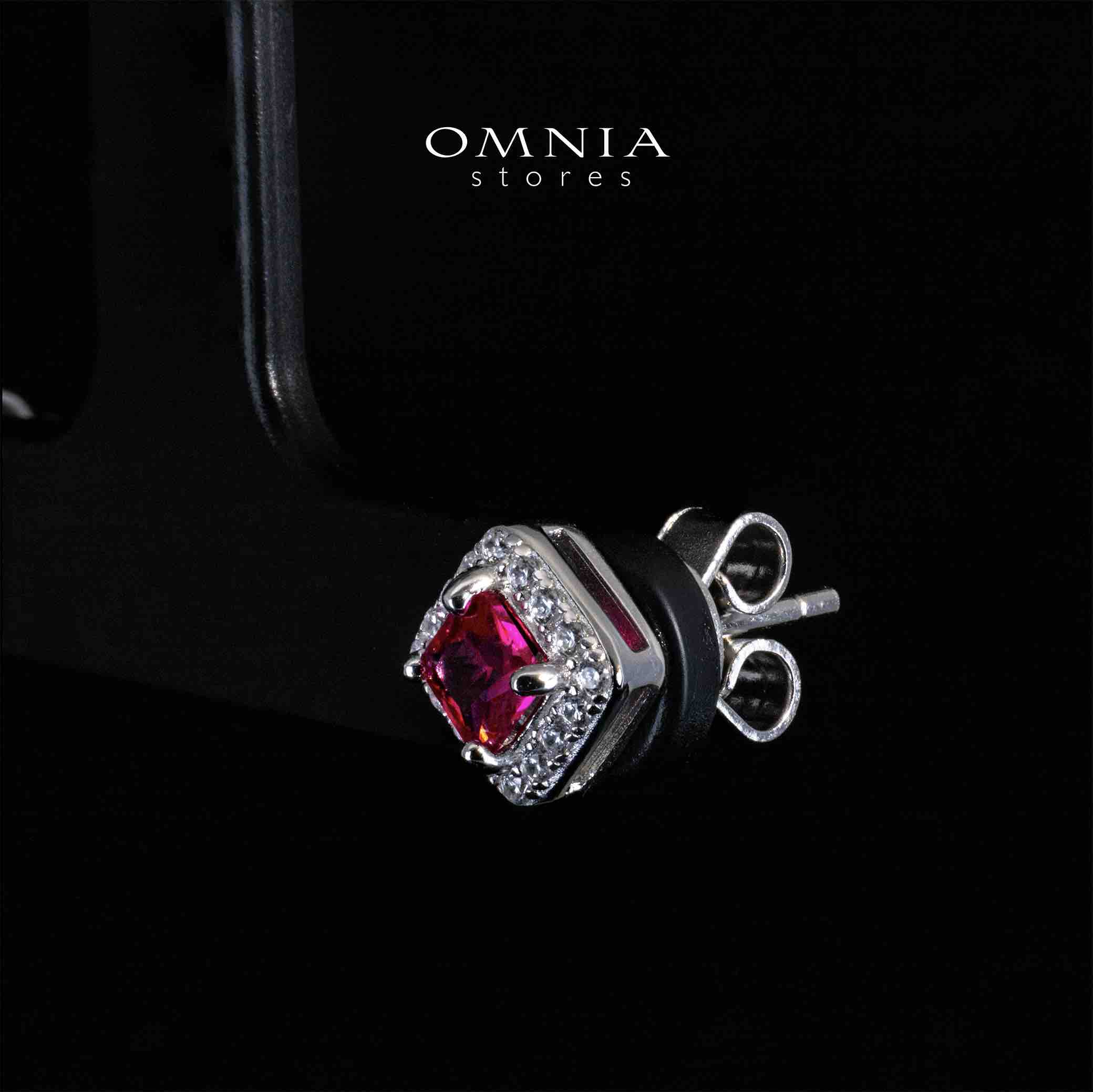 Omnia Firza Red Square Earrings With High Quality Simulated Diamonds In 925 Silver - Image 2
