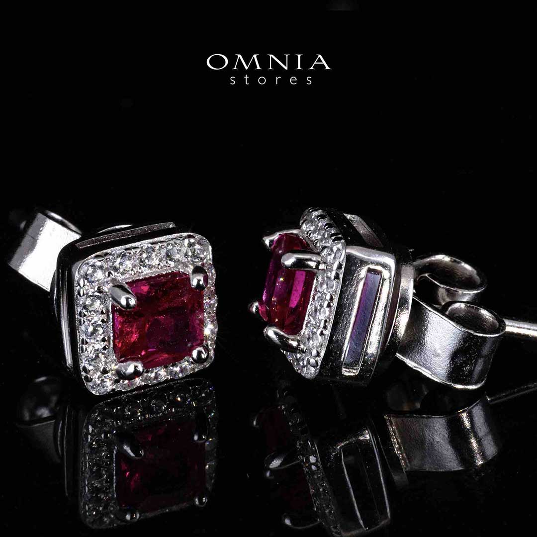Omnia Firza Red Square Earrings With High Quality Simulated Diamonds In 925 Silver - Image 3