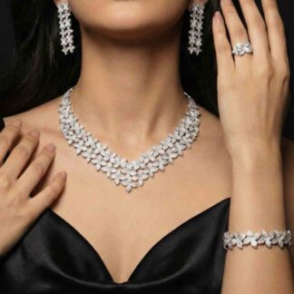 Omnia Nellie White Pearl Luxury Bridal Full Set in High Quality Rhodium Plated Zircon Stones