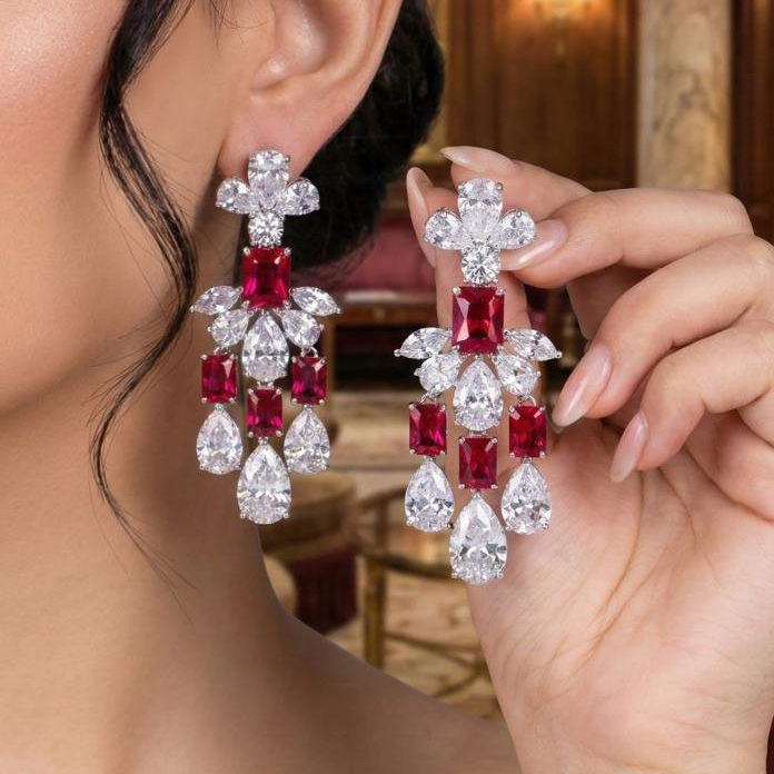 Omnia Ranim White and Red Floral Drop Earrings With High Quality Simulated Diamonds In 925 Silver