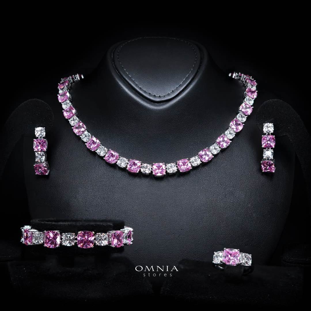 Omnia Alya Pink and White Bridal Full Set in High Quality Simulated Diamonds Rhodium Plated