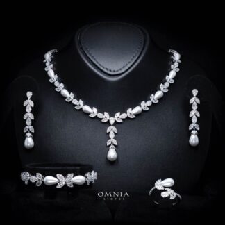 Omnia Shamsa White Pearl Luxury Bridal Full Set in High Quality Rhodium Plated Zircon Stones
