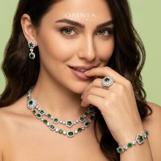 Omnia Esra Green Luxury Bridal Full Set in High Quality Simulated Diamond Rhodium Plated