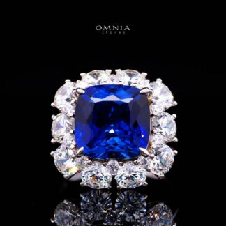 Omnia Hinza Blue Cushion Cut Ring With High Quality Certified Lab Crafted Stones In 925 Silver