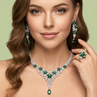 Omnia Karla Green Luxury Bridal Full Set in High Quality Rhodium Plated Zircon Stones