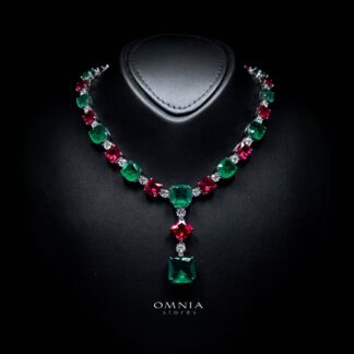 Omnia Salwa Red and Green Necklace With High Quality Simulated Diamonds In 925 Silver