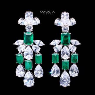 Omnia Ranim White and Green Floral Drop Earrings With High Quality Simulated Diamonds In 925 Silver