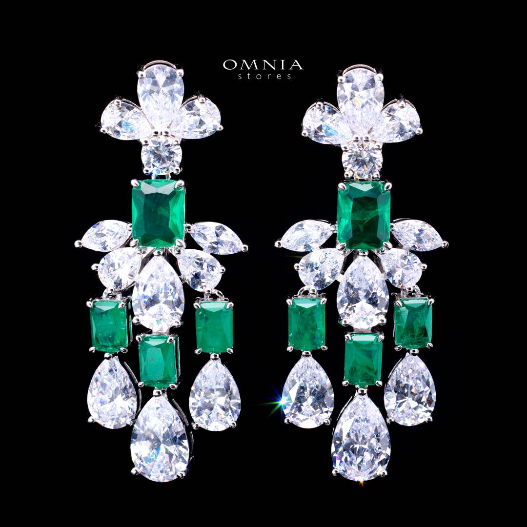 Omnia Ranim White and Green Floral Drop Earrings With High Quality Simulated Diamonds In 925 Silver - Image 2