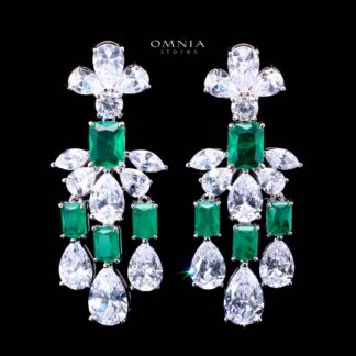 Omnia Ranim White and Green Floral Drop Earrings With High Quality Simulated Diamonds In 925 Silver