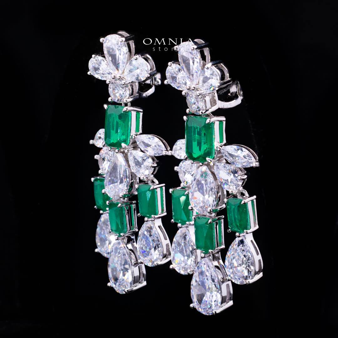 Omnia Ranim White and Green Floral Drop Earrings With High Quality Simulated Diamonds In 925 Silver - Image 2