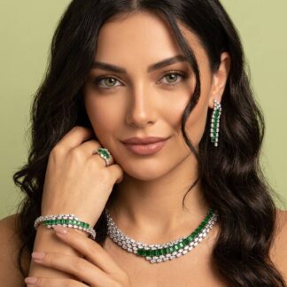 Omnia Trinity Green Luxury Bridal Full Set in High Quality Zircon Stone in Rhodium Plated