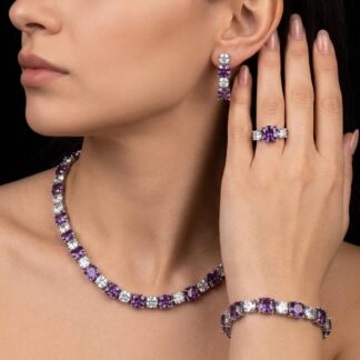 Omnia Alya Purple and White Bridal Full Set in High Quality Simulated Diamonds Rhodium Plated (16 cm only Available in KSA)