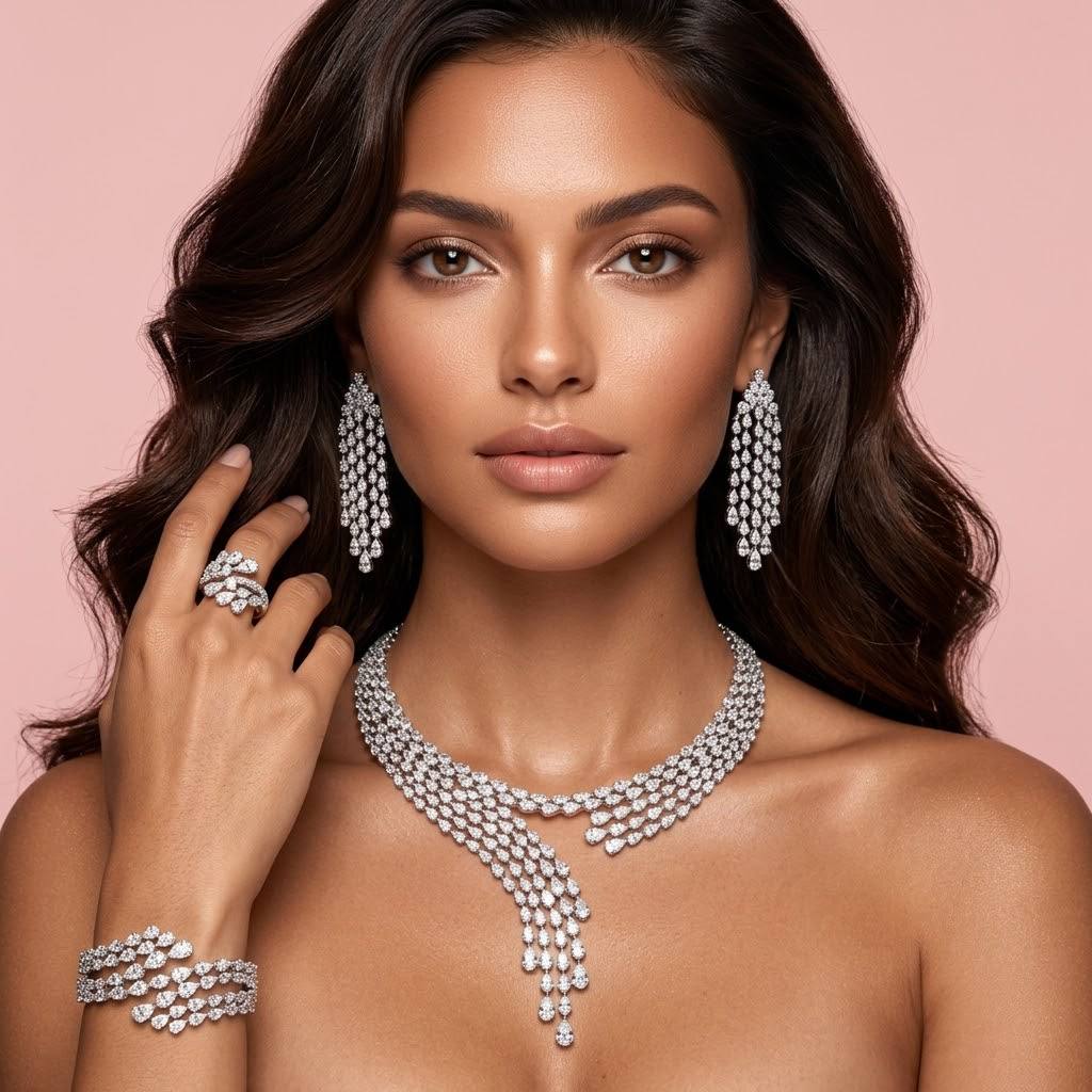 Omnia Beretta Luxury White Bridal Full Set in High Quality Zircon Stone Rhodium Plated - Image 3