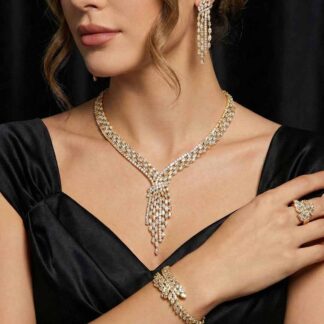 Omnia Fatma Gold Luxury Bridal Full Set in High Quality Zircon Stone in Rhodium Plated