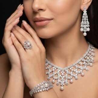 Omnia Giana White Pearl Luxury Bridal Full Set in High Quality Rhodium Plated Zircon Stones