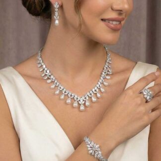 Omnia Luisa White Pearl Luxury Bridal Full Set in High Quality Rhodium Plated Zircon Stones