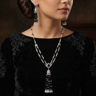 Omnia Mariella Onyx Tassel Necklace and Earring Set in High-Quality Simulated Diamonds with Black Pearl Details