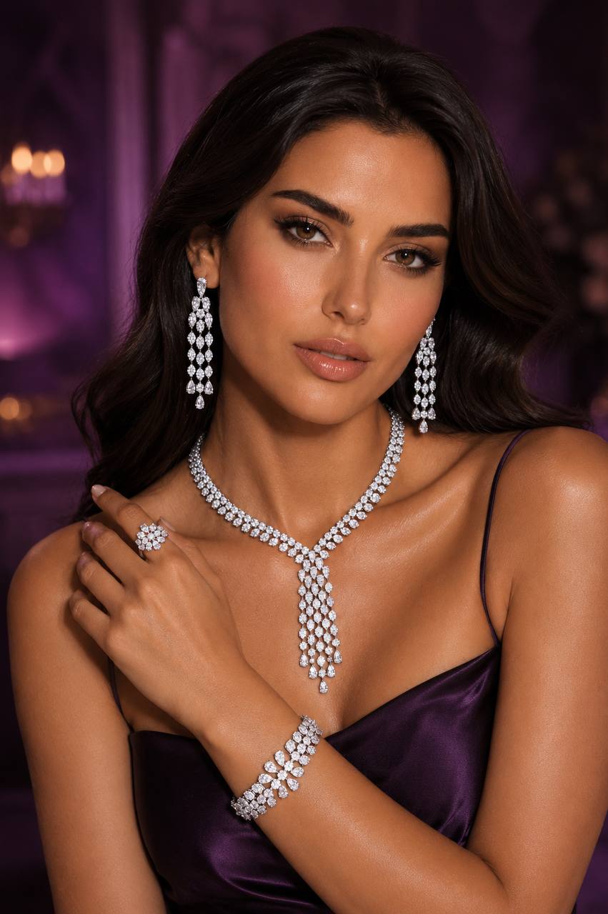 Omnia Myla White Luxury Bridal Full Set in High Quality Zircon Stone in Rhodium Plated - Image 3