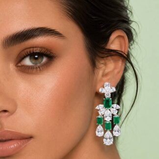 Omnia Ranim White and Green Floral Drop Earrings With High Quality Simulated Diamonds In 925 Silver