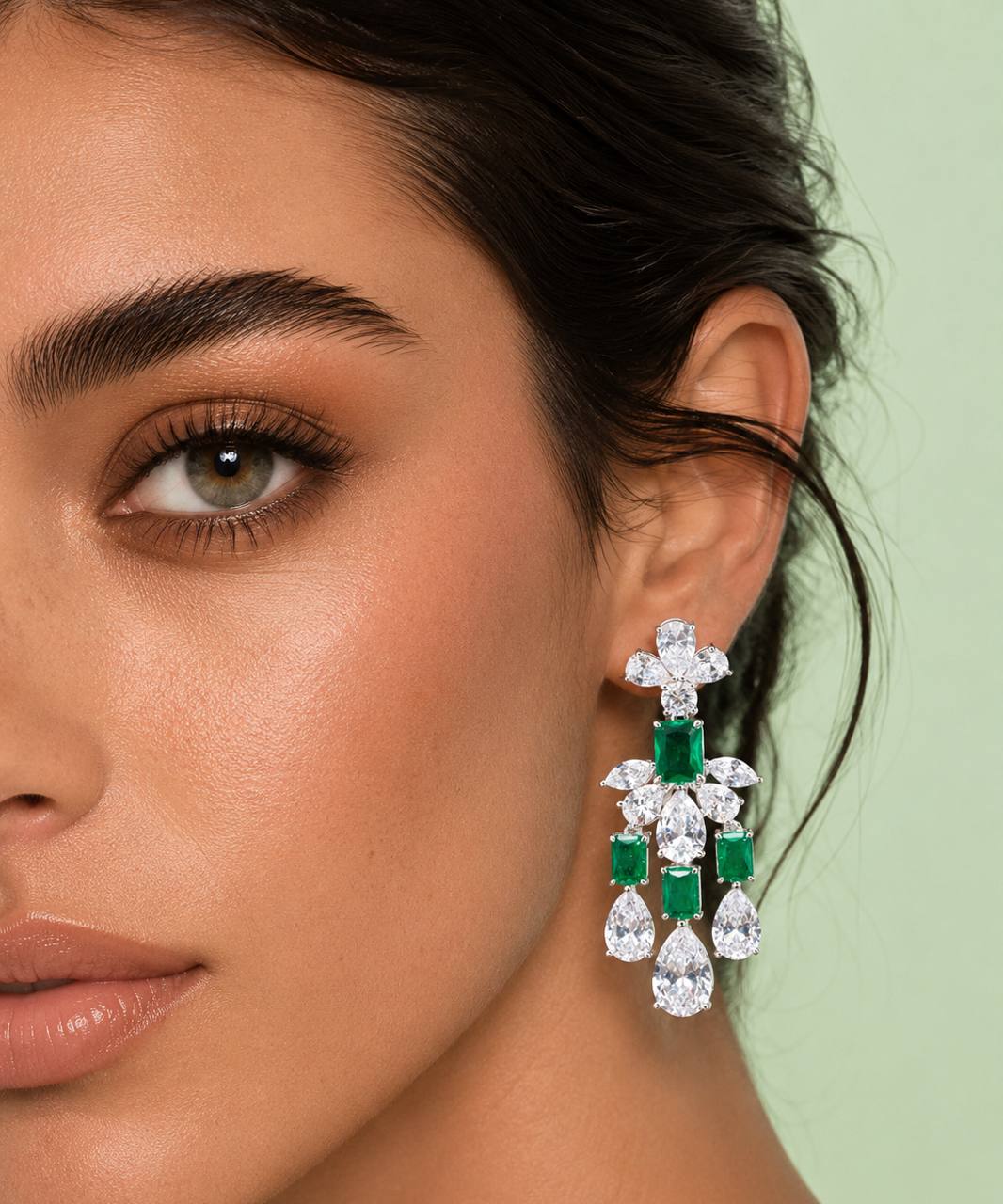 Omnia Ranim White and Green Floral Drop Earrings With High Quality Simulated Diamonds In 925 Silver