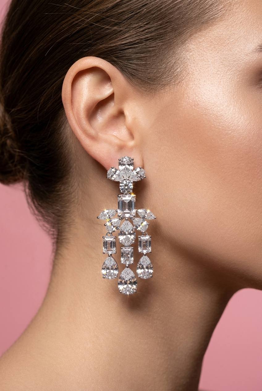 Omnia Ranim White Floral Drop Earrings With High Quality Simulated Diamonds In 925 Silver - Image 2