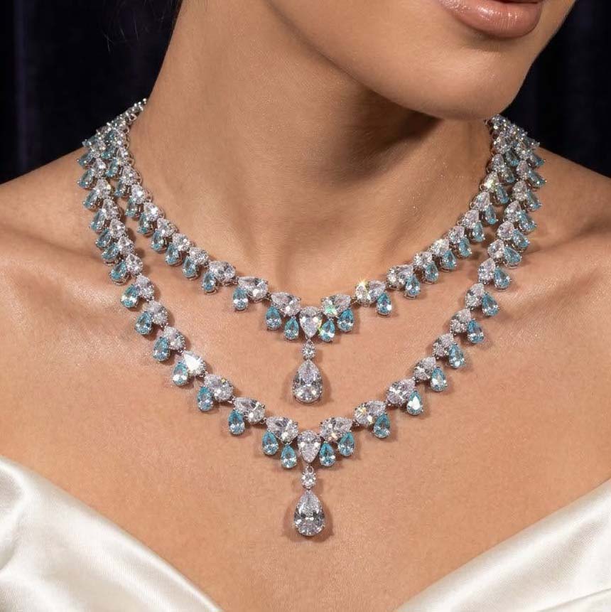Omnia Saira White and Blue Double Layer Necklace With High Quality Simulated Diamonds In 925 Silver