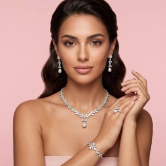 Samah White Pearl Luxury Bridal Full Set in High Quality Zircon Stone in Rhodium Plated