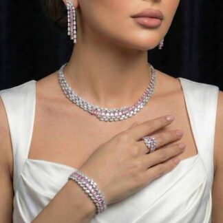 Omnia Trinity Pink Luxury Bridal Full Set in High Quality Zircon Stone in Rhodium Plated