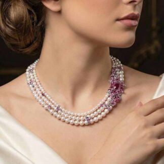 Omnia Blossom Pearl Necklace in 92.5 Silver with High Quality Simulated Diamonds
