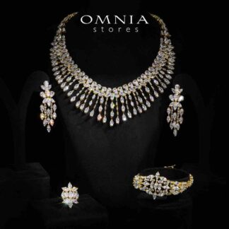Omnia Soheila Gold Luxury Bridal Full Set with Emerald and Pear-Cut High-Quality Simulated Diamonds Rhodium Plated