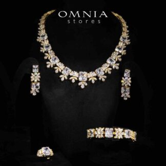 Omnia Charlotte Gold Luxry Bridal Full Set with Emerald and Pear-Cut High-Quality Simulated Diamonds Rhodium Plated
